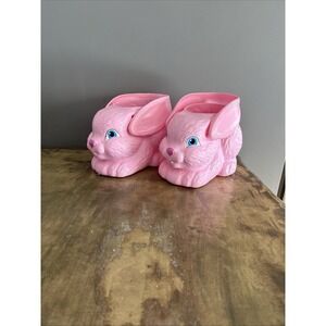 2 Blow Mold Pink Easter Bunny Rabbit Bucket Basket Vintage Plastic 95 Empire USA